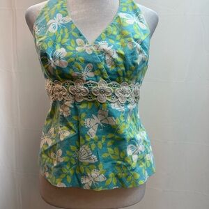 Lilly Pulitzer Turquoise, White & Lime Floral Halter Tank Top